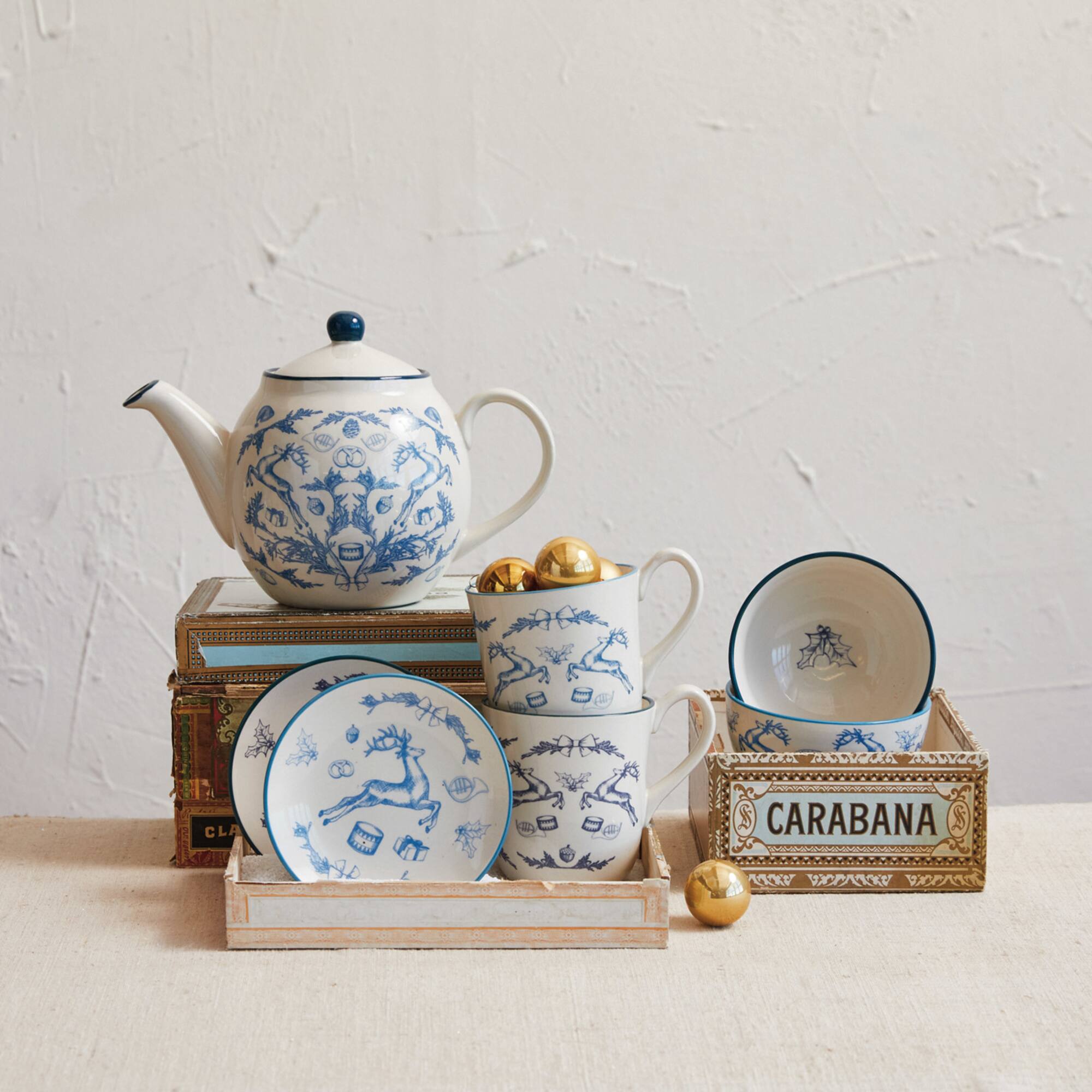 Hello Honey® 12oz. Blue & Cream Holiday Icons Stoneware Mugs, 2ct.